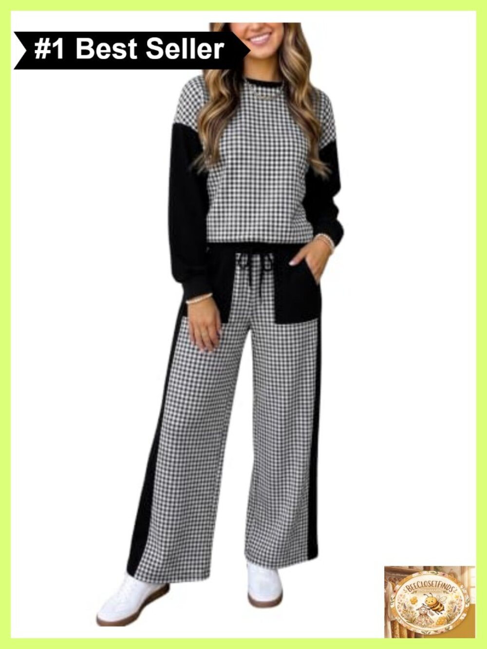 Gingham Patchwork 2 Piece Sweatshirt Wide Leg Pants Set